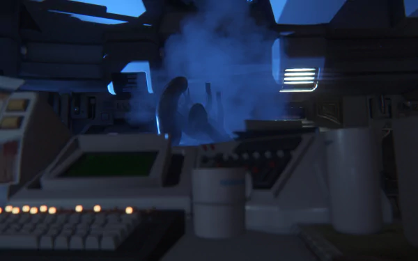 Blue-lit spaceship cockpit interior with smoke and blinking consoles — video game Alien: Isolation 4K Ultra HD PC desktop wallpaper and background.