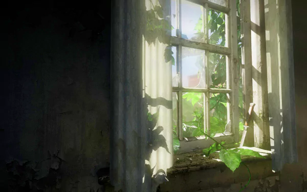 HD wallpaper featuring a sunlit, overgrown window, capturing the post-apocalyptic atmosphere from the video game The Last of Us.