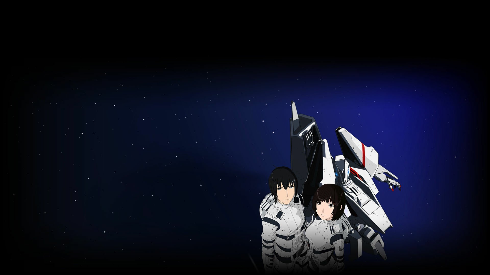 HD desktop wallpaper featuring two characters from Knights of Sidonia with a mech suit against a starry space background.