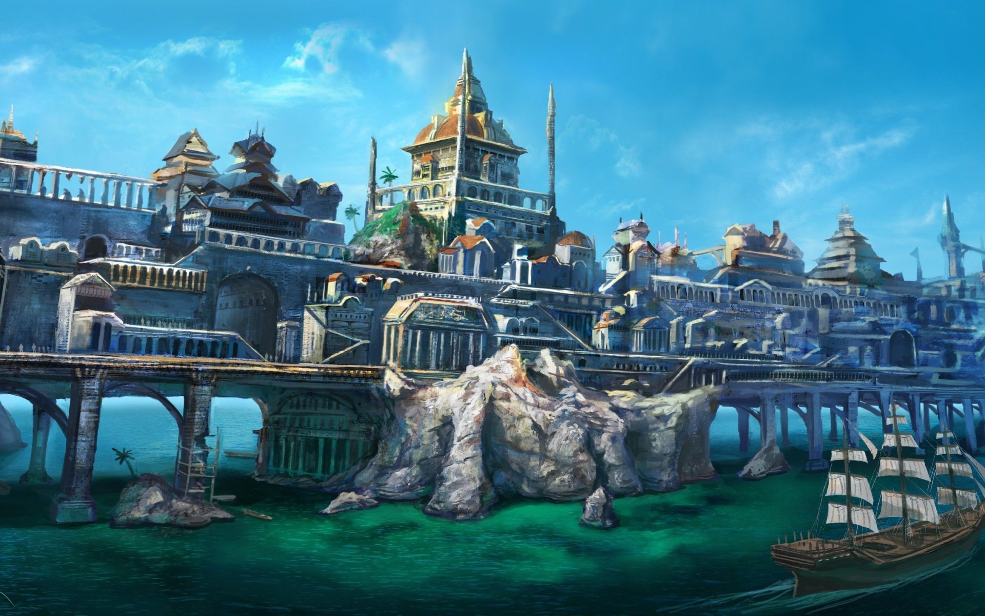 HD PC desktop wallpaper showing a vibrant fantasy city built on rocky terrain by the sea, featuring intricate towers, bridges, and a sailing ship nearby under a clear blue sky.