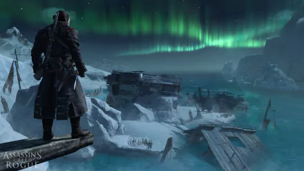 A captivating 4K Ultra HD wallpaper from Assassin's Creed: Rogue, featuring a hooded figure overlooking a frozen landscape illuminated by vibrant northern lights.