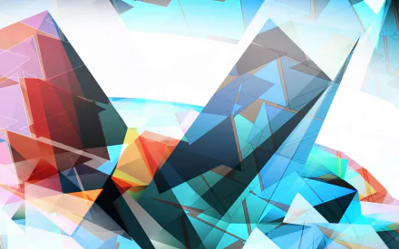 A vibrant abstract wallpaper featuring a dynamic arrangement of colorful triangles, blending shades of blue, orange, and grey against a bright background.