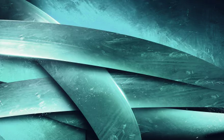 Abstract grunge HD PC desktop wallpaper and background showing layered teal metallic ribbons with scuffed texture, soft highlights and shadowed creases creating depth and motion.