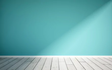 A vibrant turquoise wall casts a soft shadow over a light wooden floor, creating a modern and minimalist backdrop for a high-definition desktop wallpaper.