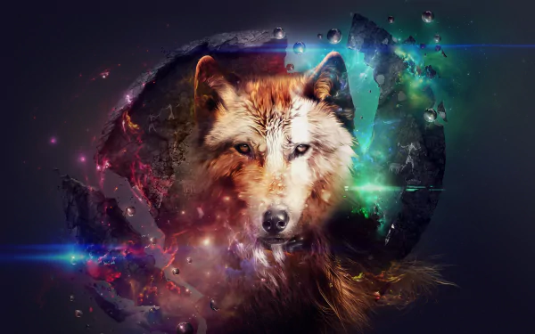 HD wallpaper of a wolf's face overlaid with a cosmic, colorful space effect, creating a vibrant and mystical background.