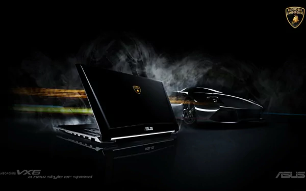 A sleek Asus notebook stands against a dark, dynamic background featuring a luxury sports car, embodying cutting-edge technology and style in this HD desktop wallpaper.