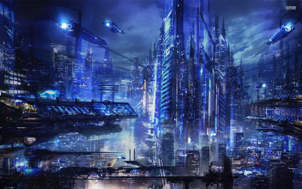 Futuristic cyberpunk cityscape bathed in neon blue lights with towering skyscrapers and hovering vehicles, capturing a vivid sci-fi city atmosphere in HD detail.