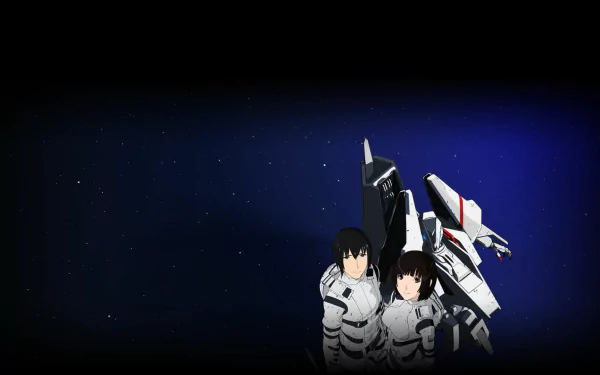 HD desktop wallpaper featuring two characters from Knights of Sidonia with a mech suit against a starry space background.