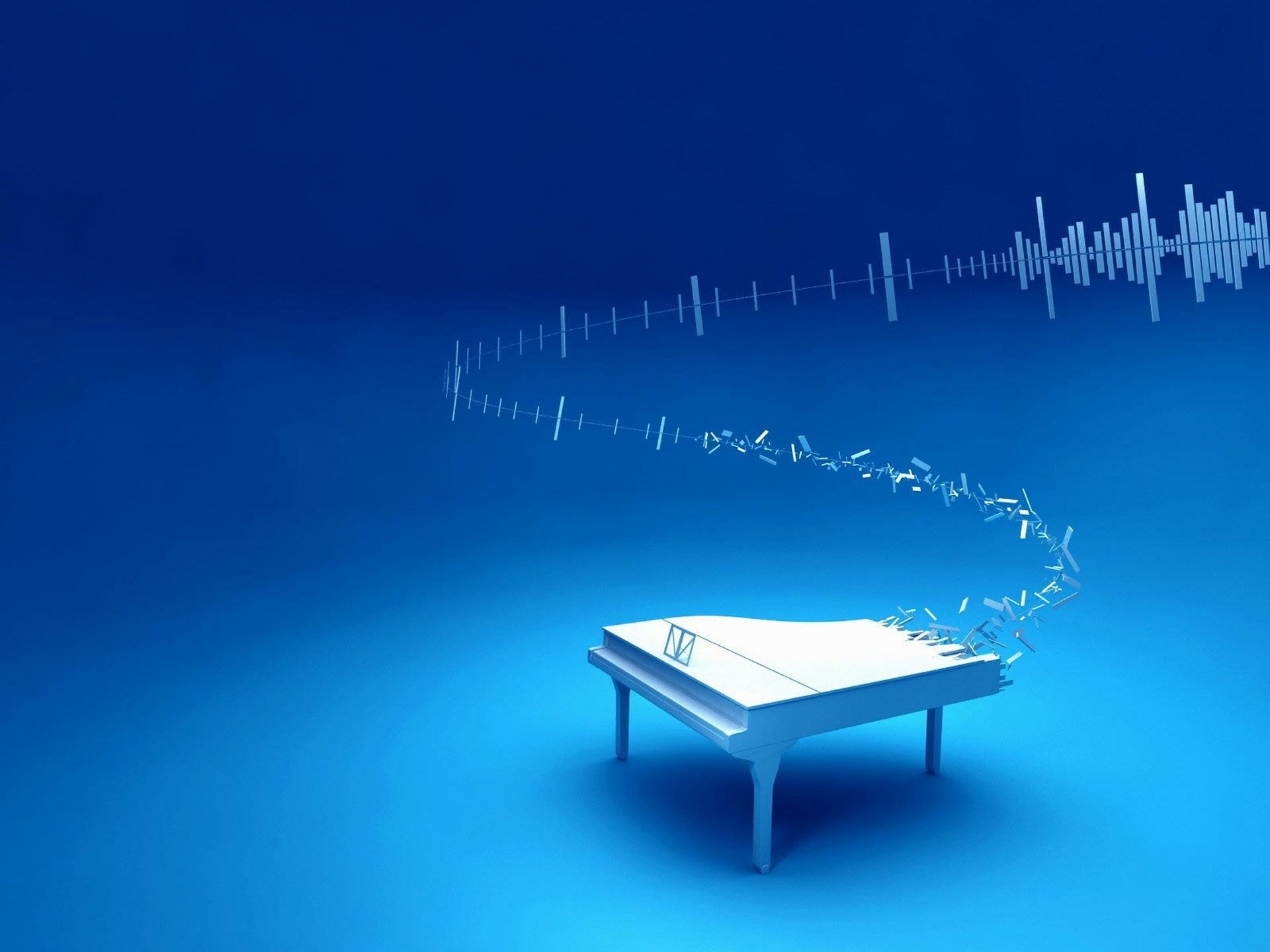 HD PC desktop wallpaper featuring a white piano with floating musical notes and soundwave visuals on a blue background, emphasizing music and piano themes.