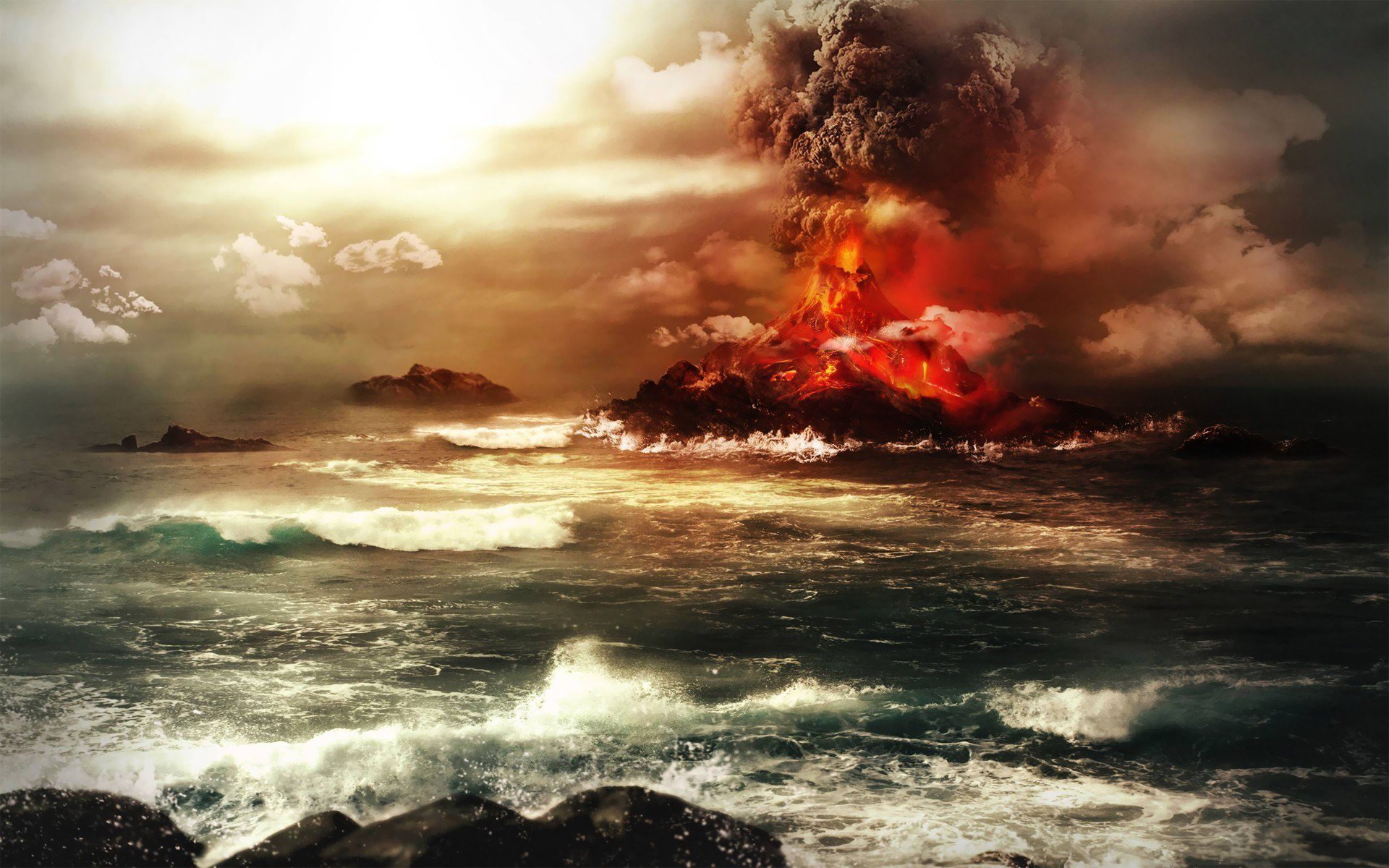 A dramatic volcanic eruption is captured against a tumultuous ocean landscape, with smoke and clouds billowing over the fiery scene, creating an intense connection with nature.