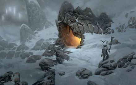 A mystical viking scene unfolds in this HD desktop wallpaper, featuring a snowy landscape, rugged rocks, and a cave glowing with warm light, evoking a sense of adventure and fantasy.