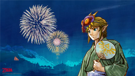 HD desktop wallpaper featuring Link from The Legend of Zelda with a Majora's Mask theme, set against fireworks and a blue background.