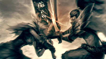 HD desktop wallpaper of Yasuo and Riven from League of Legends clashing swords in an intense battle, set in Ionia.