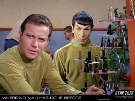 HD PC desktop wallpaper of Star Trek: The Original Series showing two Starfleet officers in gold tunics at a bar with a tiered bottle display.