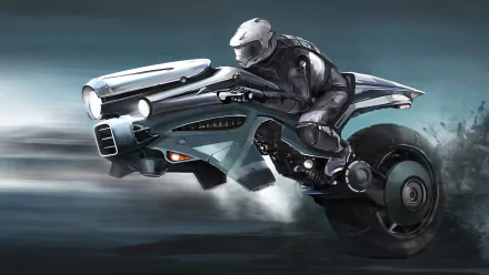 A sleek sci-fi motorcycle with a futuristic design speeds through a dark, misty environment, captured in HD for a dynamic PC desktop wallpaper.