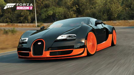 HD PC desktop wallpaper featuring a sleek black and orange Bugatti car from the video game Forza Horizon 2, speeding on a scenic road.