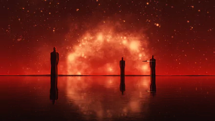 HD sci-fi desktop wallpaper featuring three silhouetted figures standing before a glowing, fiery cosmic portal reflected on a calm, dark surface.