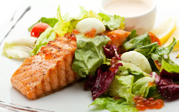 5K Ultra HD PC desktop wallpaper and background of a fish dish: grilled salmon with mixed greens, quail eggs, potato garnish and orange caviar pearls on a white plate.