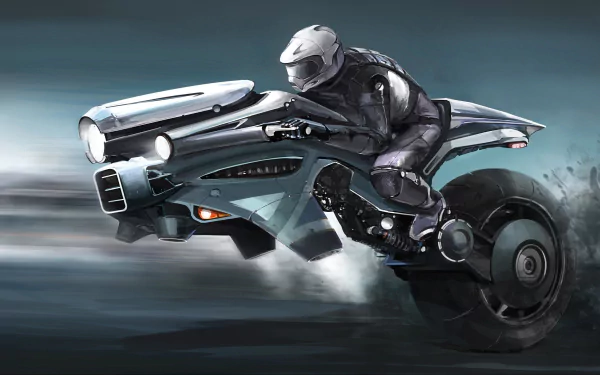A sleek sci-fi motorcycle with a futuristic design speeds through a dark, misty environment, captured in HD for a dynamic PC desktop wallpaper.
