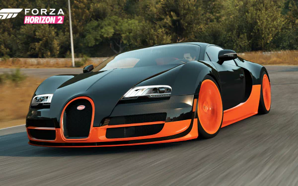 HD PC desktop wallpaper featuring a sleek black and orange Bugatti car from the video game Forza Horizon 2, speeding on a scenic road.