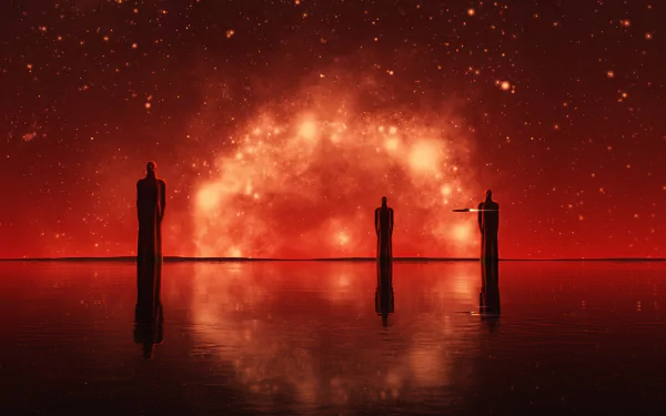HD sci-fi desktop wallpaper featuring three silhouetted figures standing before a glowing, fiery cosmic portal reflected on a calm, dark surface.
