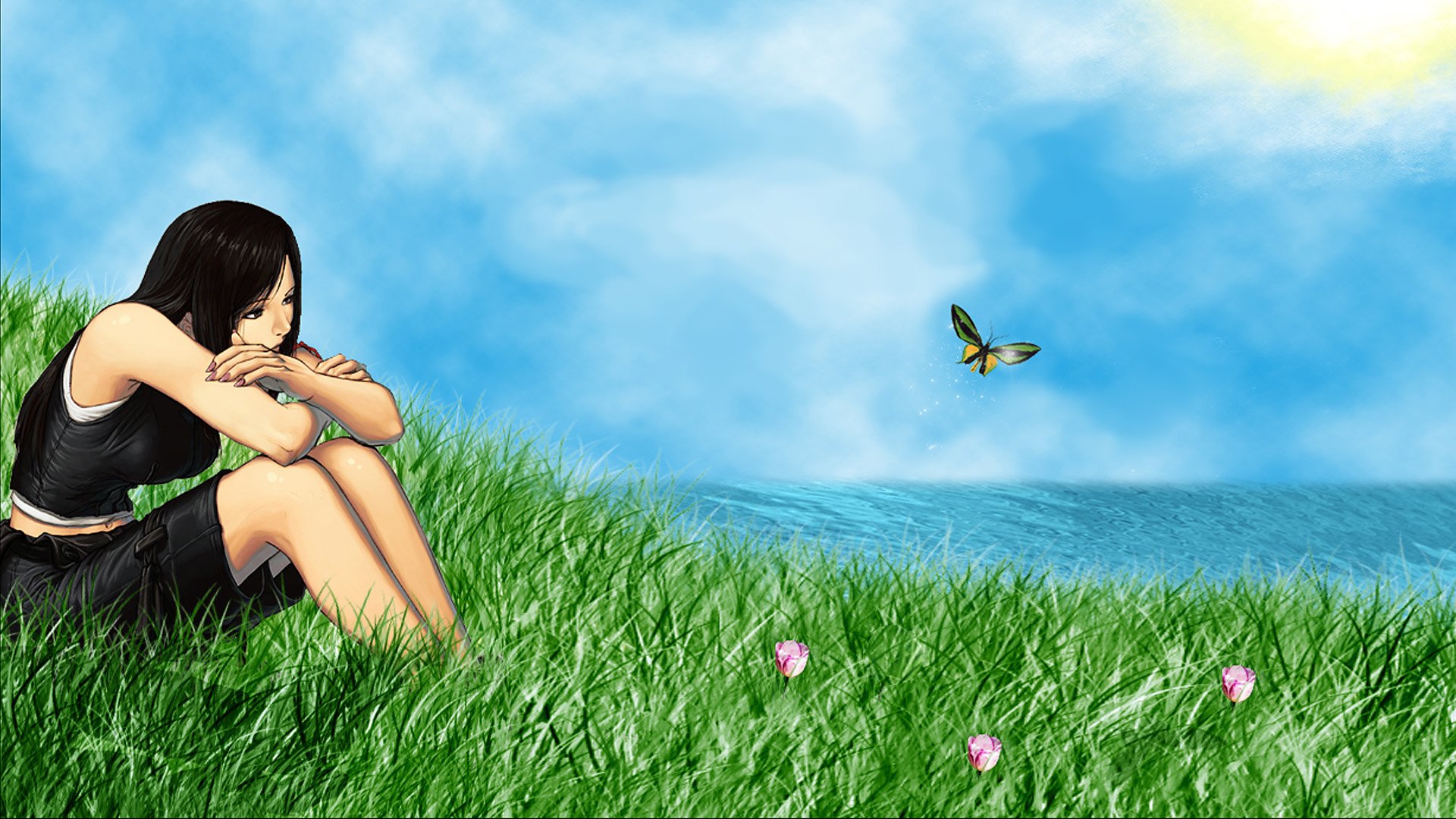 HD PC desktop wallpaper featuring a serene scene from the video game Final Fantasy VII, with a character sitting in a grassy field under a bright blue sky and a butterfly nearby.