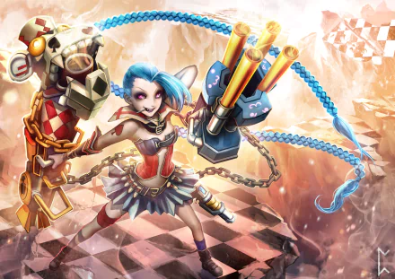 HD desktop wallpaper showcasing Jinx from League of Legends, featuring her with vibrant blue hair, wielding two massive weapons, set against a dynamic and chaotic background.