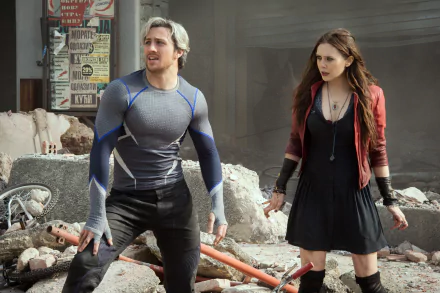 HD wallpaper from Avengers: Age of Ultron featuring Quicksilver (Aaron Taylor-Johnson) and Scarlet Witch (Elizabeth Olsen) amidst a debris-strewn scene.