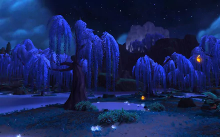 HD desktop wallpaper featuring a mystical nighttime landscape from the video game World of Warcraft: Warlords of Draenor, showcasing glowing blue trees under a starry sky.