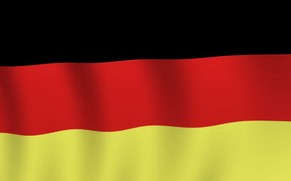 Waving German flag with black, red and gold horizontal bands, rendered as a 2K Quad HD PC desktop wallpaper background.