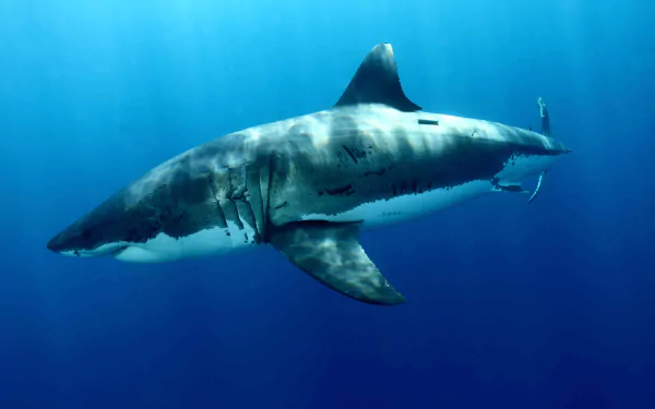 4K Ultra HD desktop wallpaper featuring a great white shark swimming gracefully underwater in deep blue ocean.