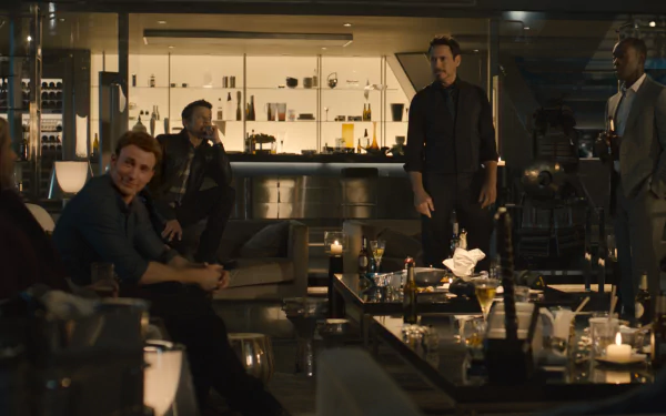 A scene from *Avengers: Age of Ultron* featuring Chris Evans, Jeremy Renner, Robert Downey Jr., and Don Cheadle in a stylish setting, surrounded by drinks and candles.
