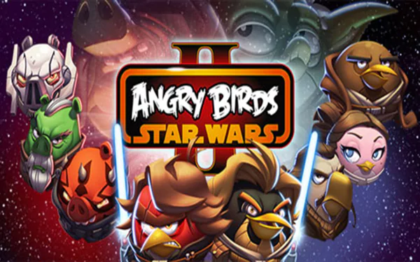 HD PC desktop wallpaper featuring Angry Birds: Star Wars 2 characters in a space-themed battle scene with the game logo prominently displayed in the center.