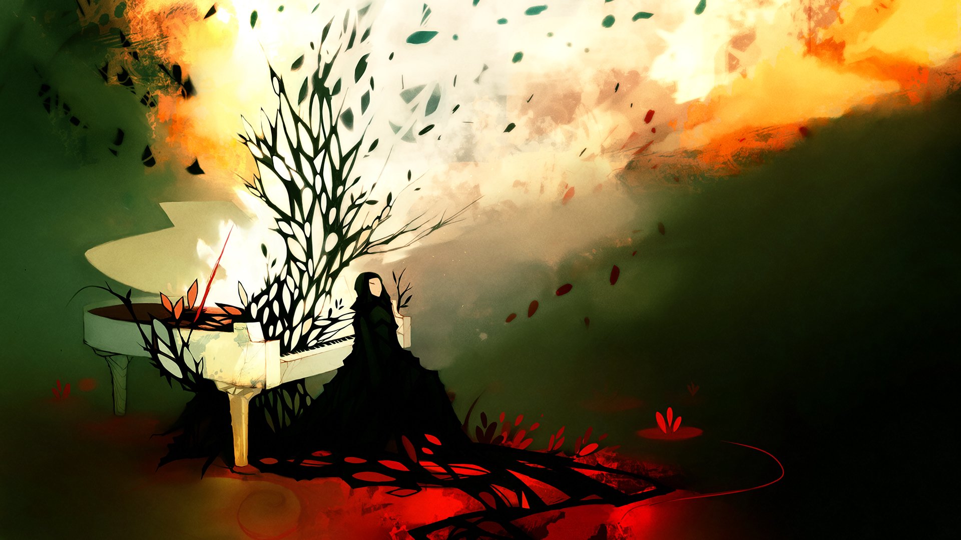 An artistic painting featuring a figure beside a grand piano, surrounded by swirling leaves and dynamic colors, creates a captivating backdrop for a high-definition PC desktop.