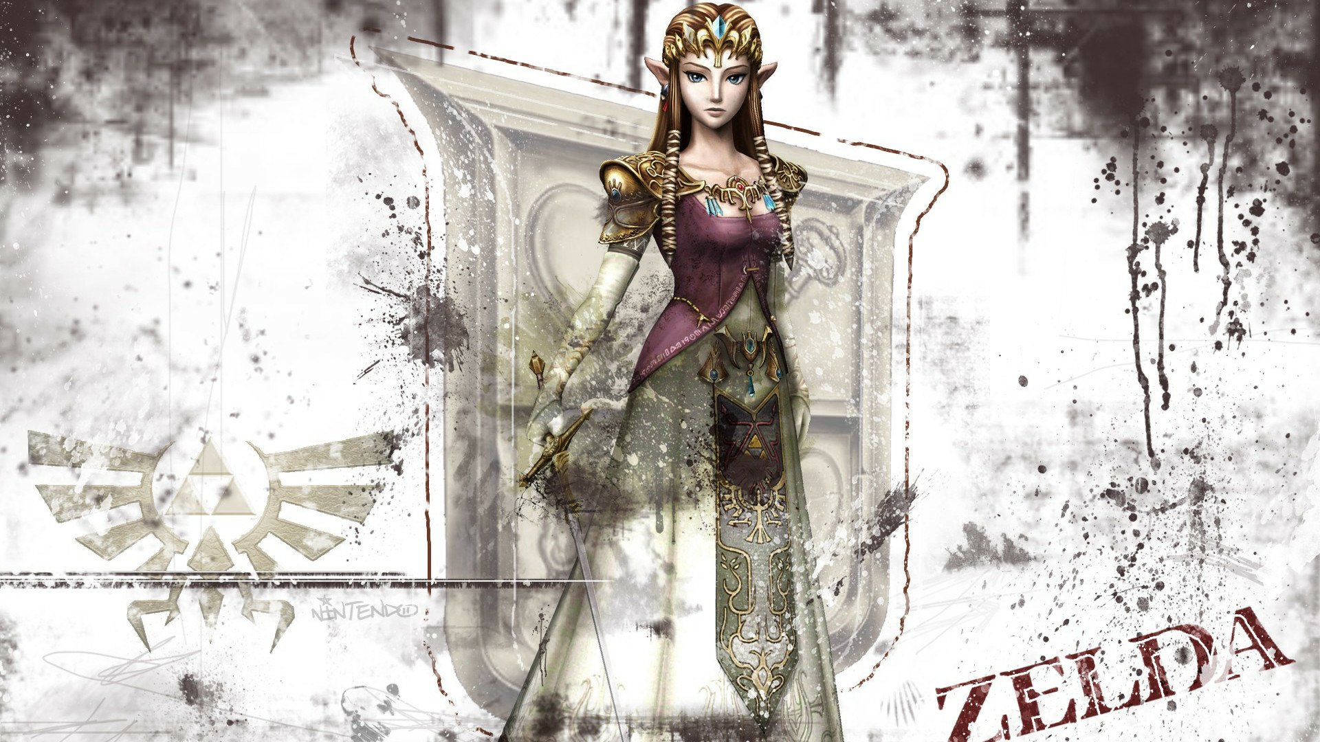 HD PC desktop wallpaper of Princess Zelda from the video game The Legend of Zelda: Twilight Princess — she stands in an ornate gown on a grungy white backdrop with a Triforce emblem.