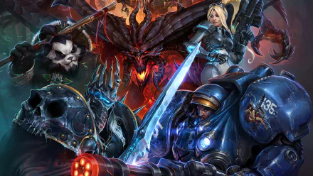 A high-definition desktop wallpaper featuring characters from the video game Heroes of the Storm, showcasing an epic battle scene with vibrant colors and dynamic poses.