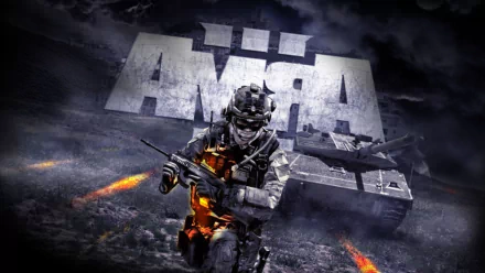 HD PC desktop wallpaper of Arma 3 video game: armored soldier with rifle amid fiery battlefield, giant ARMA logo behind, tank and helicopter under stormy skies.