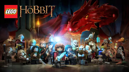 HD PC desktop wallpaper featuring LEGO characters from the video game LEGO The Hobbit, including a large red dragon and a group of adventurers in a dark, dramatic setting.