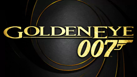 HD PC desktop wallpaper featuring the GoldenEye 007 video game logo: bold gold lettering and the '007' pistol emblem set against textured black concentric gun‑barrel rings.