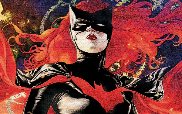 Comic Batwoman with flowing red hair and bat emblem, striking pose against a textured cosmic backdrop — HD PC desktop wallpaper and background.