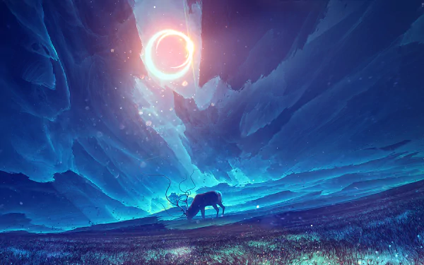 HD fantasy-themed desktop wallpaper featuring a silhouette of a deer under a celestial eclipse in a mystical, blue-toned landscape.