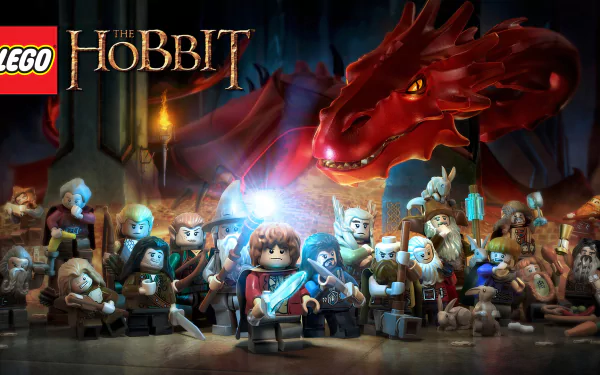 HD PC desktop wallpaper featuring LEGO characters from the video game LEGO The Hobbit, including a large red dragon and a group of adventurers in a dark, dramatic setting.