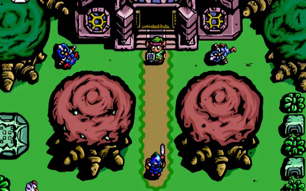 HD PC desktop wallpaper featuring a vibrant scene from the video game The Legend of Zelda: A Link to the Past with the protagonist near a castle entrance.