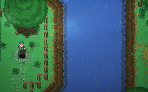 Video game HD PC desktop wallpaper of The Legend of Zelda: A Link to the Past — top-down pixel art of a river between cliffs, with a grassy bank, large tree and cave entrance.
