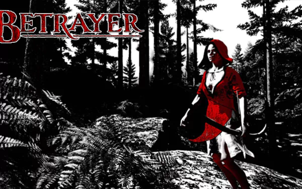 Betrayer video game HD PC desktop wallpaper: monochrome forest with a red-clad female warrior holding a sword, Betrayer logo in the upper-left corner.