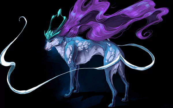 A vibrant HD wallpaper featuring Suicune, the legendary Pokémon from Pokémon: Crystal Version, showcasing its elegant form and flowing mane against a dark backdrop.