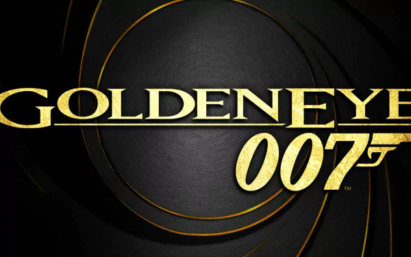 HD PC desktop wallpaper featuring the GoldenEye 007 video game logo: bold gold lettering and the '007' pistol emblem set against textured black concentric gun‑barrel rings.