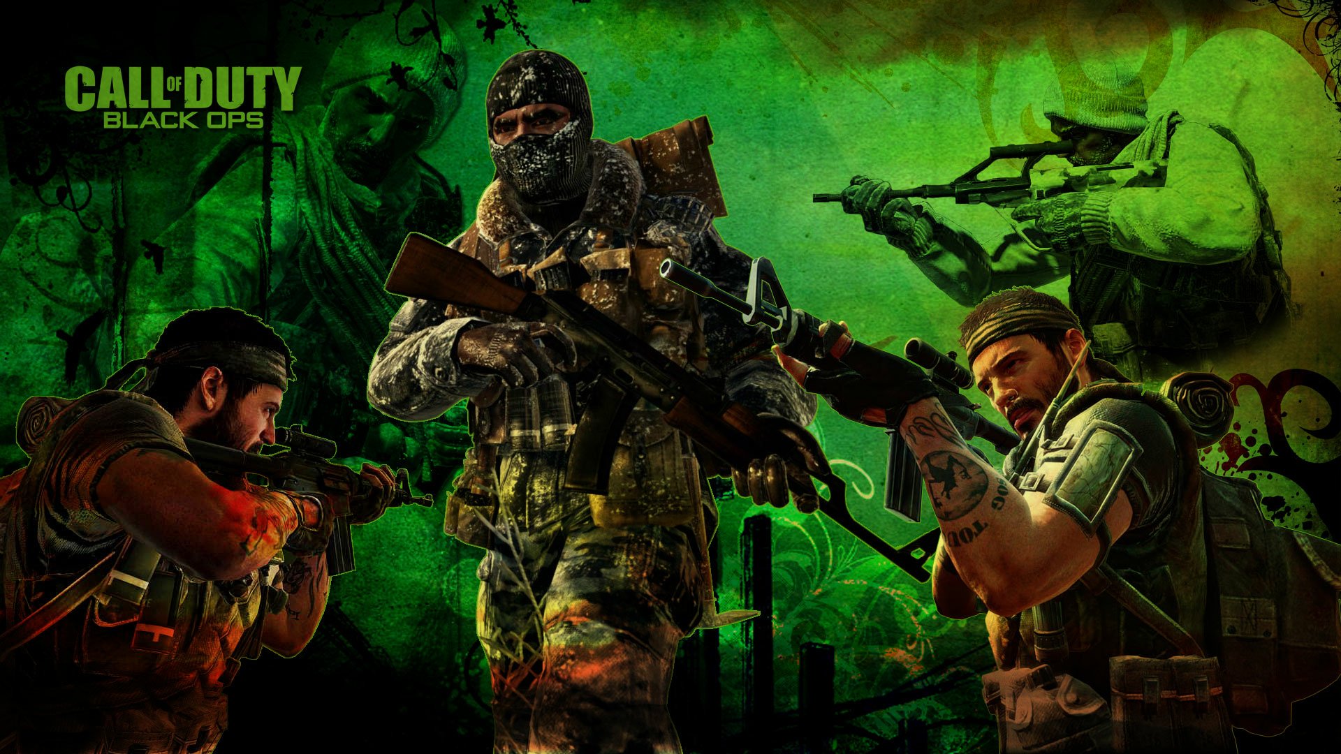HD wallpaper featuring characters from Call of Duty: Black Ops, armed and ready for action against a dramatic green backdrop, capturing the intensity of the game.