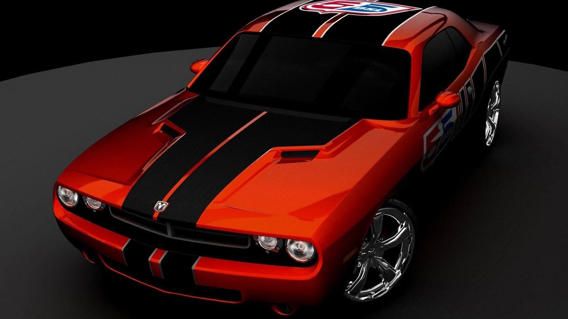 An HD desktop wallpaper featuring a sleek orange Dodge Challenger from the video game Need for Speed: Carbon, showcasing its striking design against a dark background.