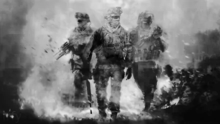 A dramatic black-and-white wallpaper featuring soldiers from Call of Duty: Modern Warfare 2, emerging confidently from a smoky battleground.
